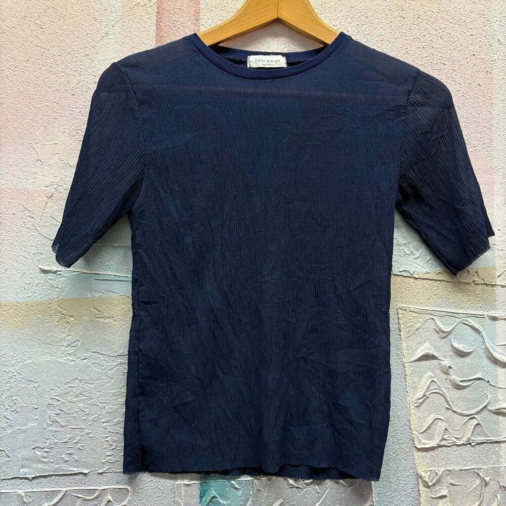 Edinburgh XS Navy Blue Textured Sheer Blouse Modern Parisian Artsy Luxury Resort